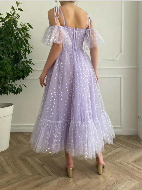 Lavender tulle short A line prom dress tea length evening dress C865