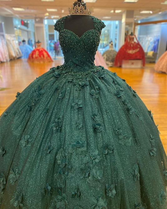 Green Princess Ball Gown Quinceanera Dresses Sweet 15 Party 3D Flowers Lace Applique Crystal Beads Sequin Birthday Gowns cc479