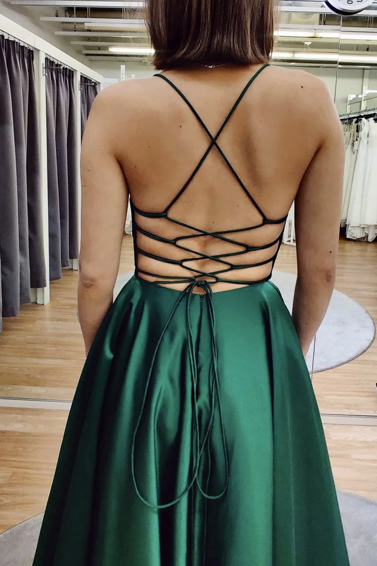 Green V Neck Backless Satin Prom Dresses, Open Back Green Satin Formal Evening Dresses cc250