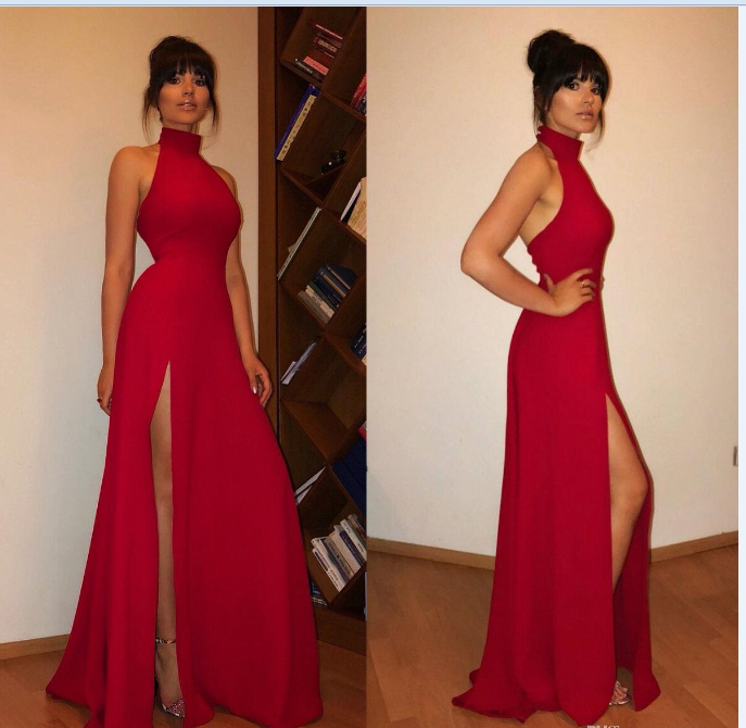 High Neck Black Long Prom Dress Sexy High Split  C151