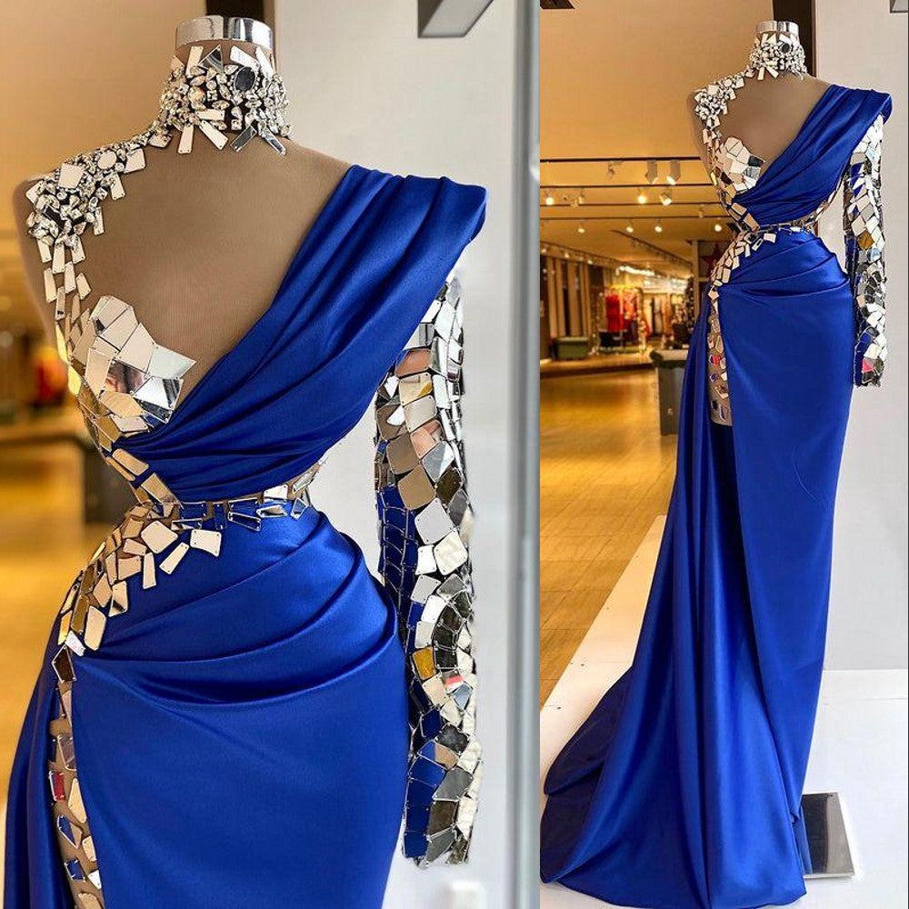 high neck crystal evening dresses long sleeve royal blue modest unique luxury sexy formal evening gown c2608