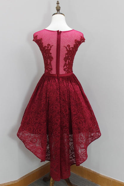 Lovely Wine Red Lace High Low Round Neckline Prom Dresses, Burgundy Homecoming Dresses, High Low Formal Dresses c2600