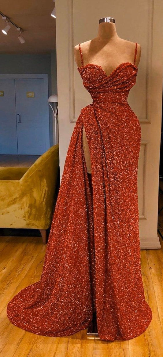 Fabulous Luxury Sequined Prom Dress With High Split  c2602