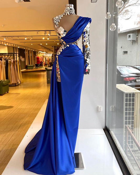 high neck crystal evening dresses long sleeve royal blue modest unique luxury sexy formal evening gown c2608