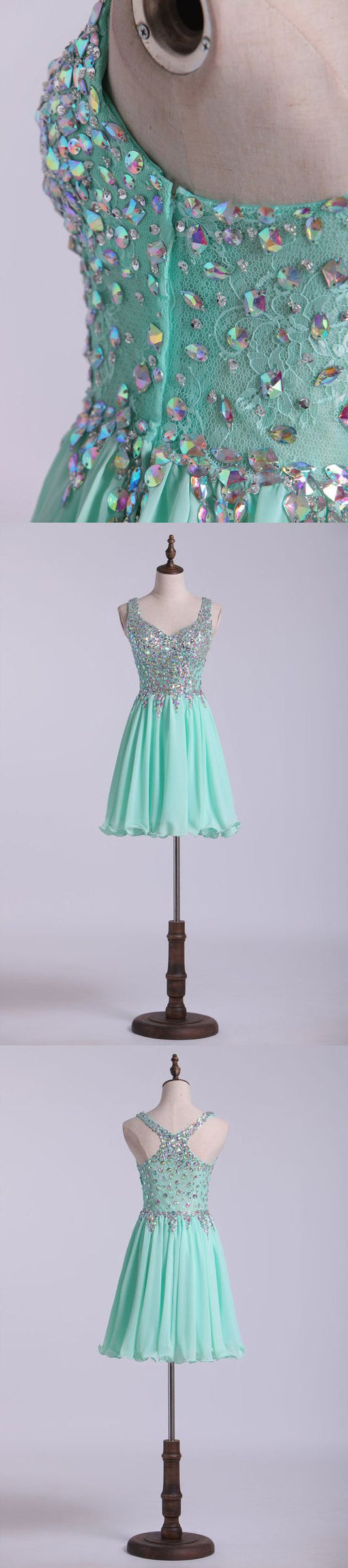 Short Halter A Line Homecoming Dresses Lace&Chiffon Beaded Bodice c2604