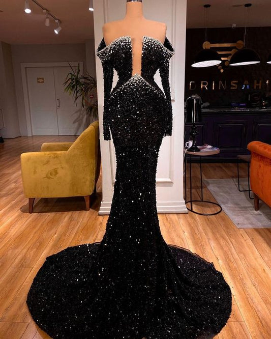 Deep Neck Black Sequins Prom Dress Meramaid Evening Dress With Long Sleeves Custom Made c2606