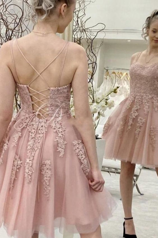 A line Pink lace short prom dress  Lace-up Homecoming Dress c2598