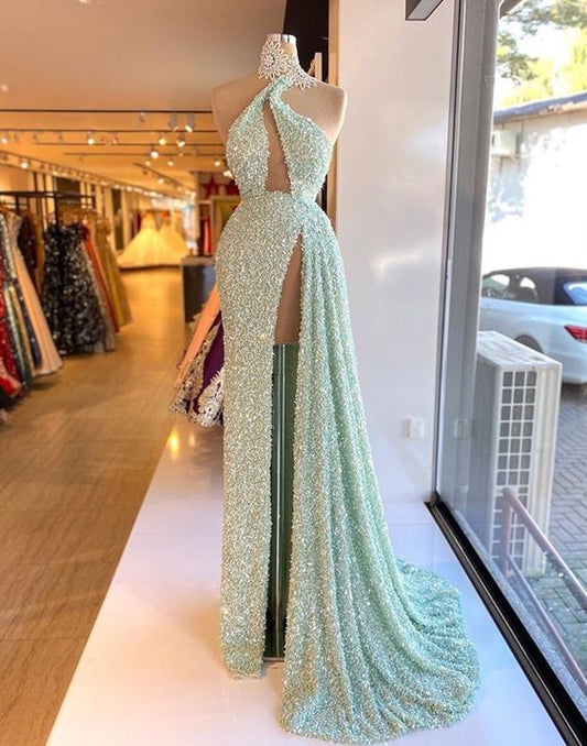 modest sparkly evening dresses long mint green Lace Applique luxury elegant formal evening gown c2613