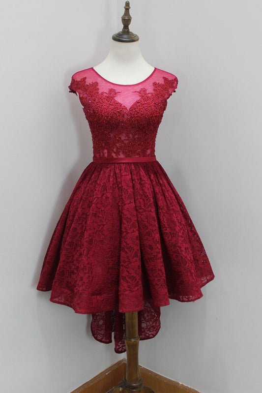 Lovely Wine Red Lace High Low Round Neckline Prom Dresses, Burgundy Homecoming Dresses, High Low Formal Dresses c2600