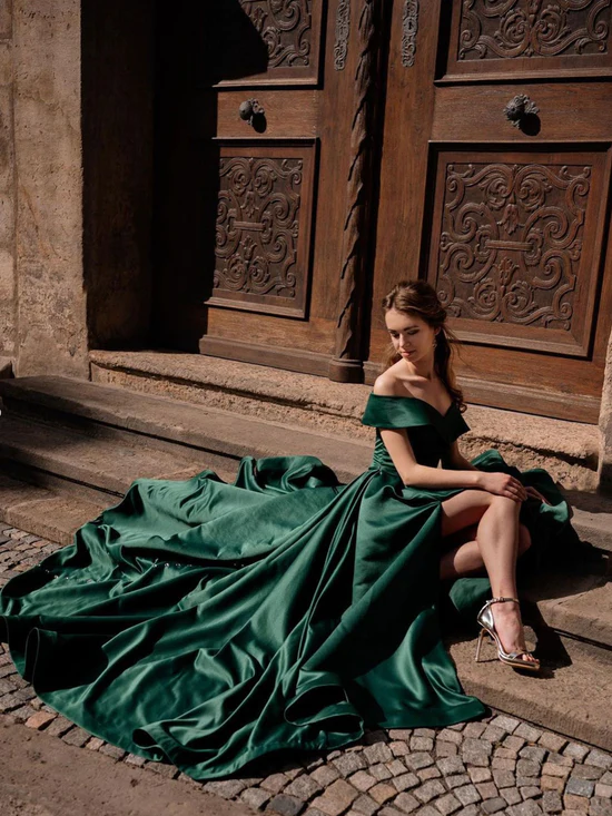 Simple green off shoulder satin long prom dress, green evening dress cc86