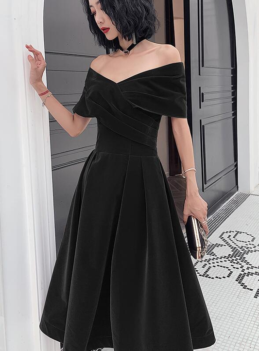 Beautiful Velvet Off Shoulder Black Tea Length Evening Dresses, New Chic Prom Dress c2481