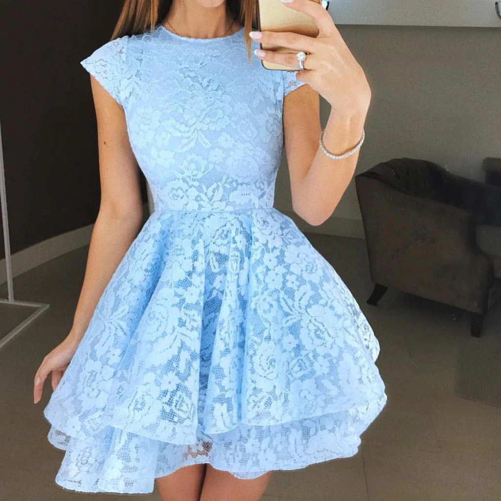 Round Neck Cap Sleeves Short Lace Prom Dresses, Round Neck Short Cap Sleeves Lace Formal Homecoming Graduation Dresses c2485