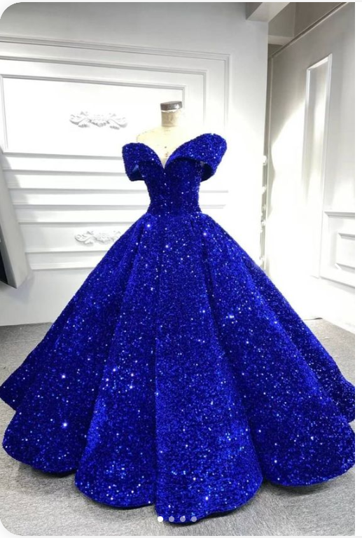 Royal blue sequin prom ball gown sweet 16 dress off the shoulder princess Quince dress  c2767