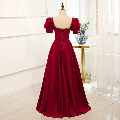 Red Satin Prom Dress Red Dress Puff Sleeve Victorian Dress  cc287