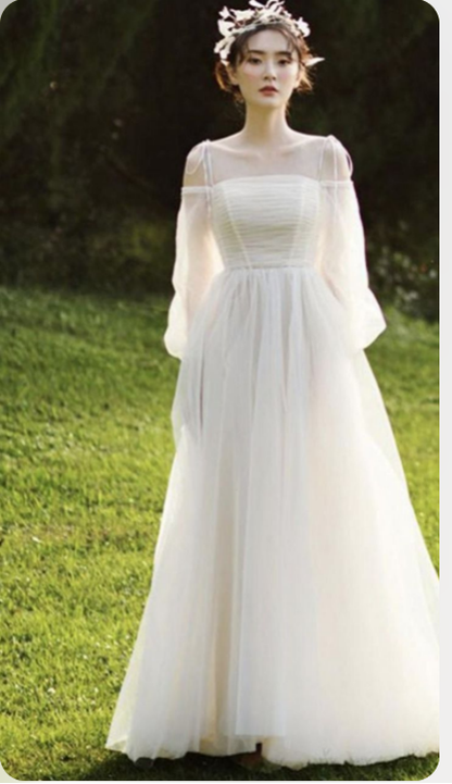 Champagne tulle long prom dress, champagne tulle evening dress  C1608