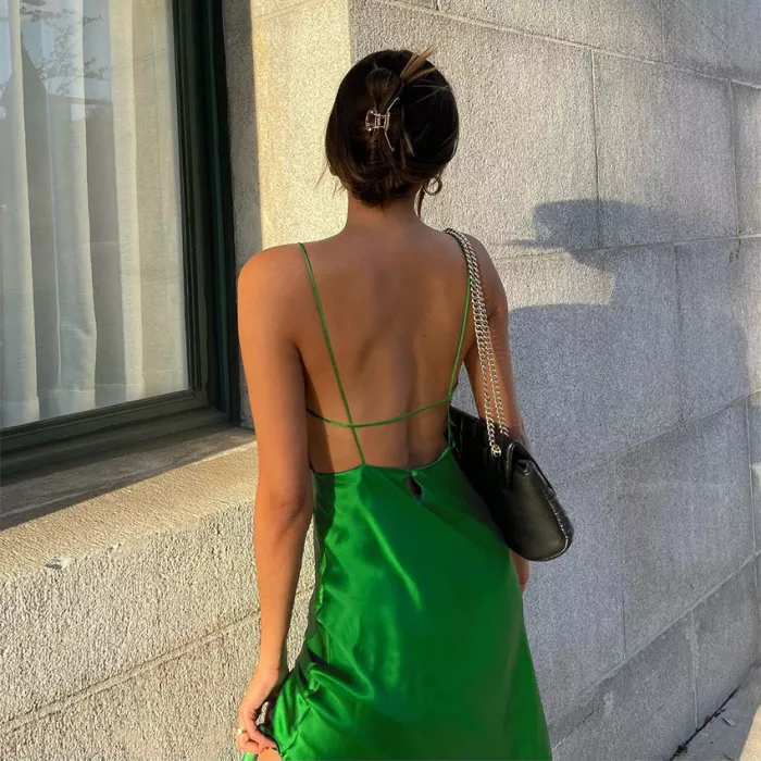 New Sling Ice Silk Slit Vacation Dresses Green Prarty Dress Backless Prom Dress c2492