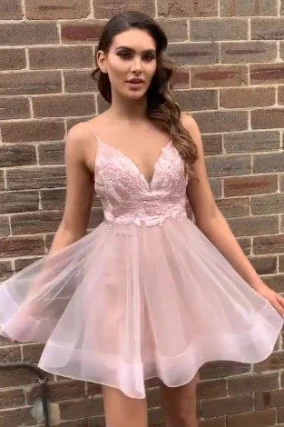 Simple Spaghetti Straps V Neck Backless Pink Short Homecoming Dress c3228