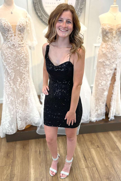 Asymmetrical Black Sequin Lace-Up Short Homecoming Dress cc307