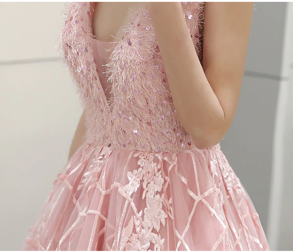 Pink V-Neckline Tulle Lace High Low Party Dress, Pink Formal Dress Homecoming Dress c2976