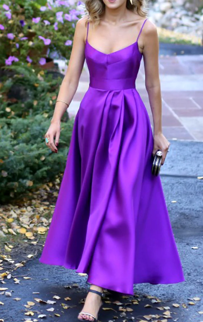 Spaghetti Straps Purple Satin Prom Dress Tea Length Wedding Party Formal Gown c2848