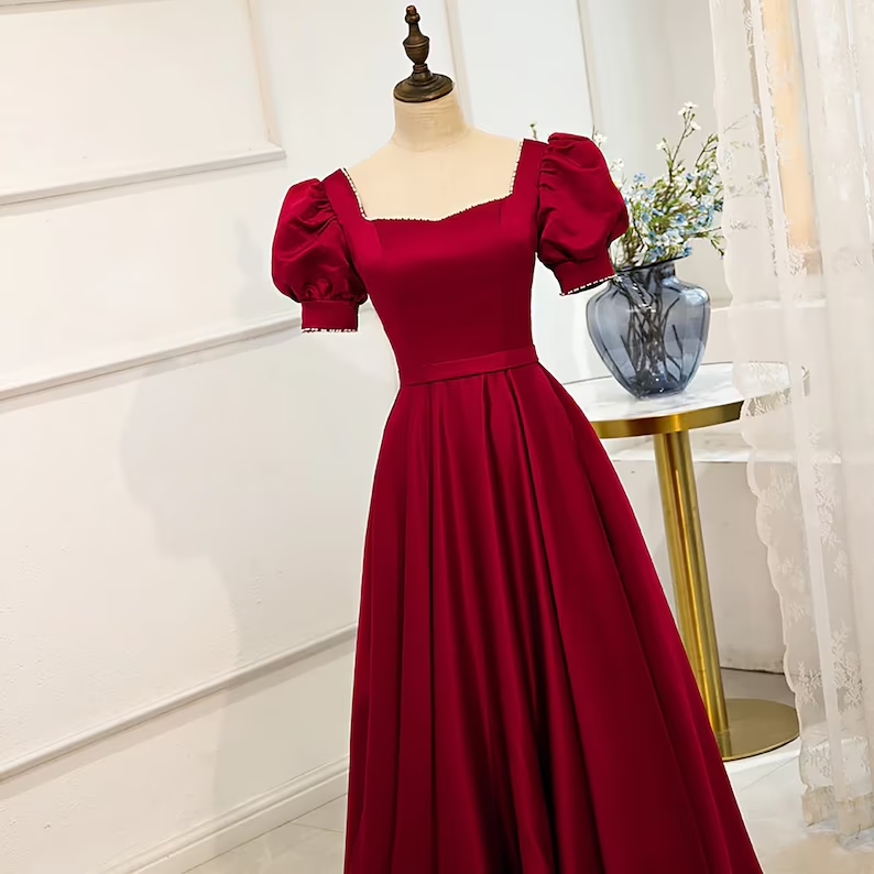 Red Satin Prom Dress Red Dress Puff Sleeve Victorian Dress  cc287