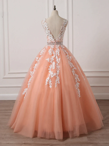 Charming Coral Princess V-Neckline Formal Dress, Lace Applique Beaded Prom Dress c2646
