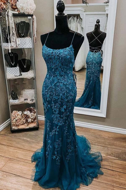 Tulle Lace Mermaid Spaghetti Straps Prom Dresses, Long Formal Dress,event dresses elegant cc350