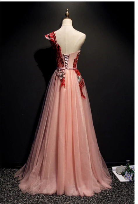 A Line One Shoulder Tulle Red Applique Long Prom Dress Evening C2363