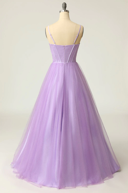 A Line Spaghetti Straps Light Purple Long Prom Dress cc419