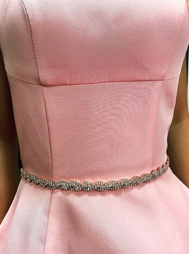 Pink Satin Double Straps Beading Waist Homecoming Dress With Pocket  c3031