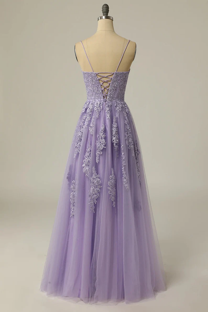 A Line Bateau Appliques Spaghetti-Straps Sleeveless Prom Dresses cc420
