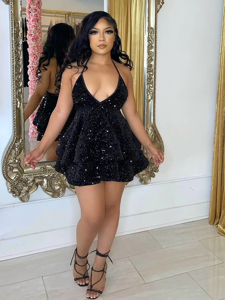 Sequin Party Dress V Neck Ruffle Mini Dress Custom Back to School Dress cc171