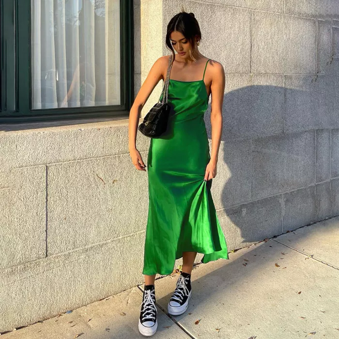 New Sling Ice Silk Slit Vacation Dresses Green Prarty Dress Backless Prom Dress c2492