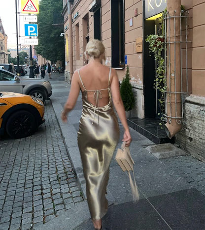 Glossy Open Back Shiny Backless Satin Prom Dress Elegant Cowl Neckline Party Ruched Side Women Midi Dress cc196