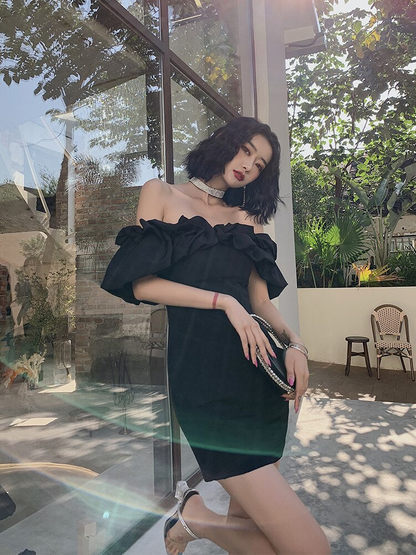 Black White Women Short Dress Pretty Mini Party Dress Ruffules Neckline Homecoming Dress c3308