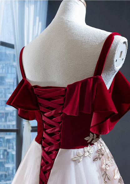 Vintage Red Straps Tulle Formal Dress, Elegant Applique Prom Dress C1683
