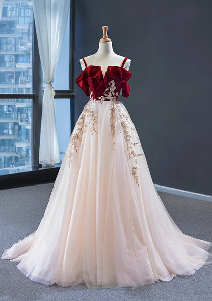 Vintage Red Straps Tulle Formal Dress, Elegant Applique Prom Dress C1683