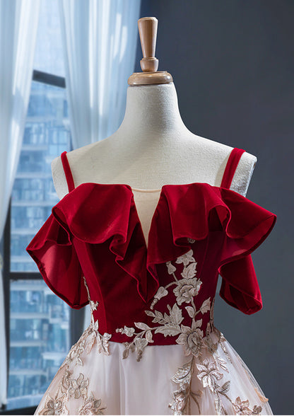 Vintage Red Straps Tulle Formal Dress, Elegant Applique Prom Dress C1683
