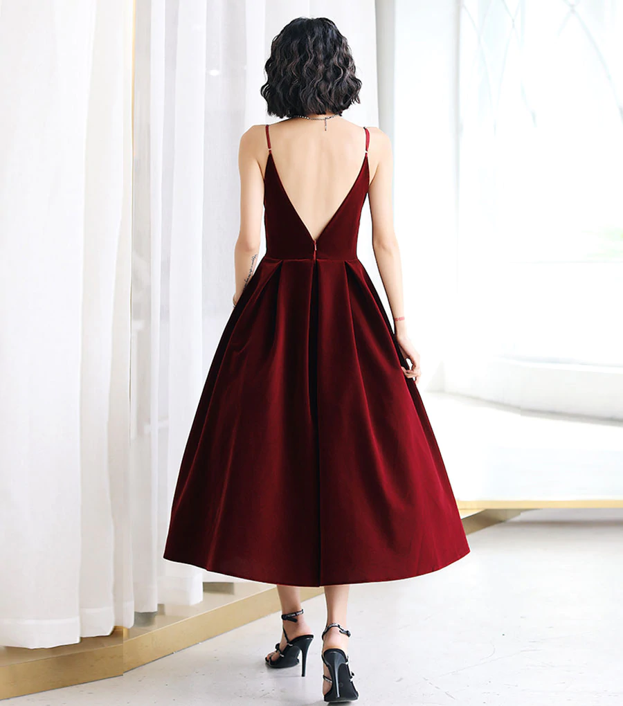 Burgundy v neck velvet short prom dress c2517