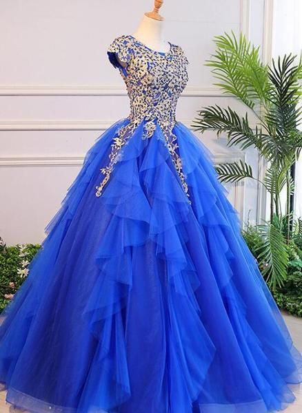 Royal Blue Cap Sleeves Long Ball Gown Party Dress, Blue Prom Dress C466