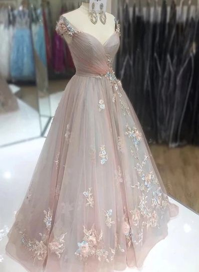 Unique Long Tulle A Line Prom Dress Formal Dress With Applique C516