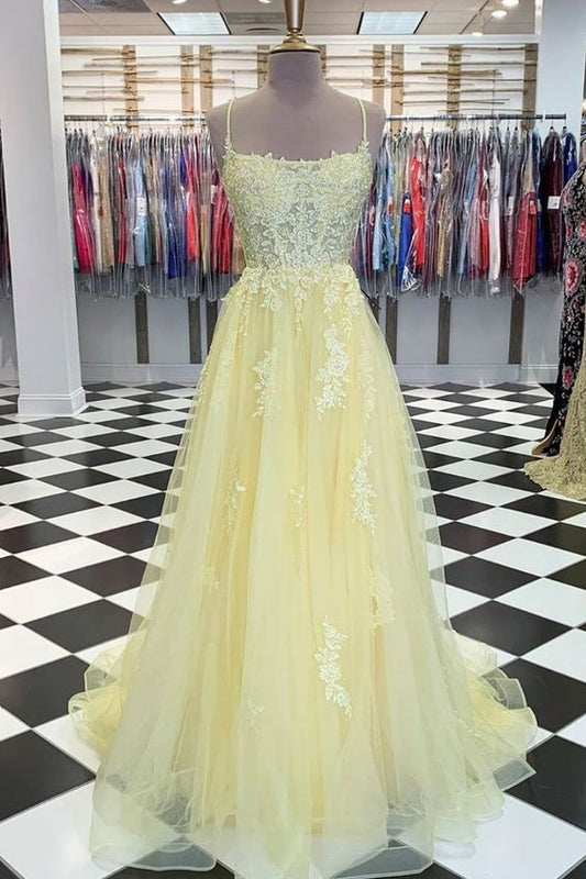 Yellow tulle lace long prom dress yellow lace formal dress C578
