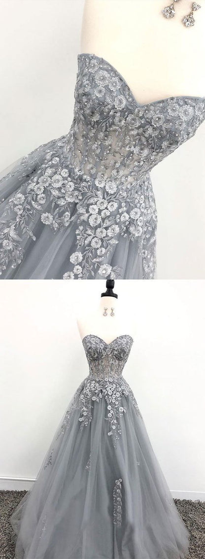 Gray sweetheart neck appliqué long prom dress, evening dress C515