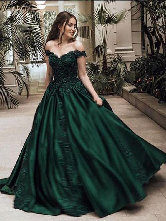 Classic Satin Dark Green Off Shoulder Sweetheart Ball Gown Prom Dress C477