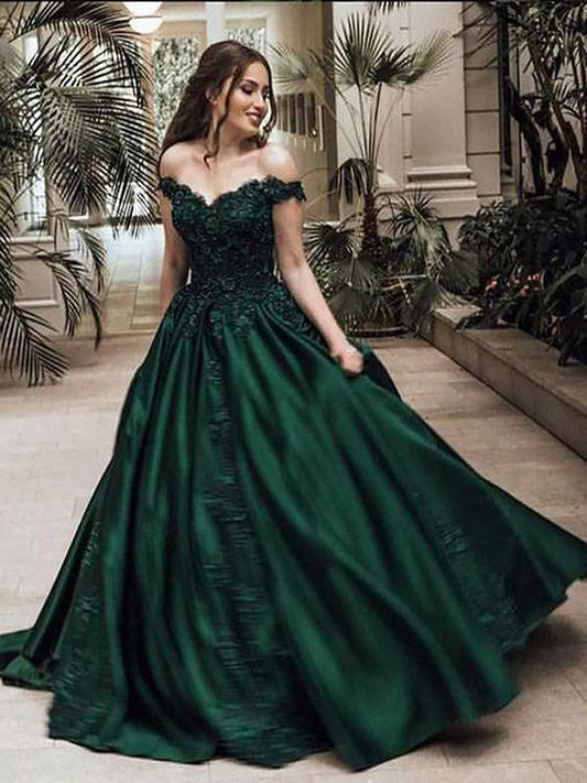 Classic Satin Dark Green Off Shoulder Sweetheart Ball Gown Prom Dress C477