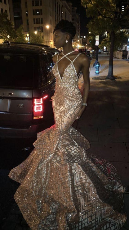 A-Line Sweep Train Sequined Prom Dress  C572