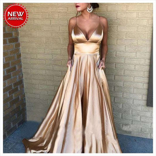 Amazing A Line Sweetheart Spaghetti Straps Elastic Satin Champagne Prom Dresses C582