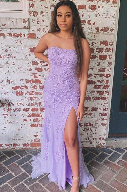 Strapless Mermaid Long Lavender Lace Prom Dress with Slit  C522