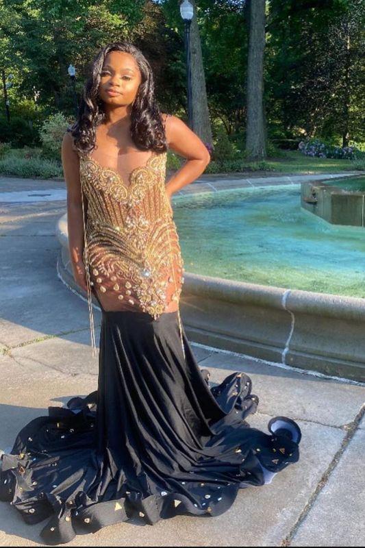 Stunning V Neck Spaghetti Straps Mermaid Prom Dresses With Crystal Tassel C554