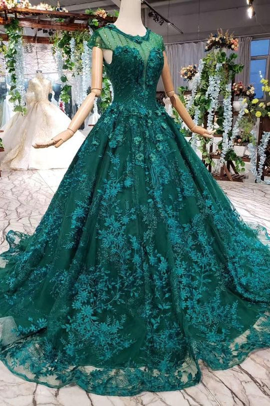 Stunning Round Neck Cap Sleeves Prom Dress with Appliques  C513